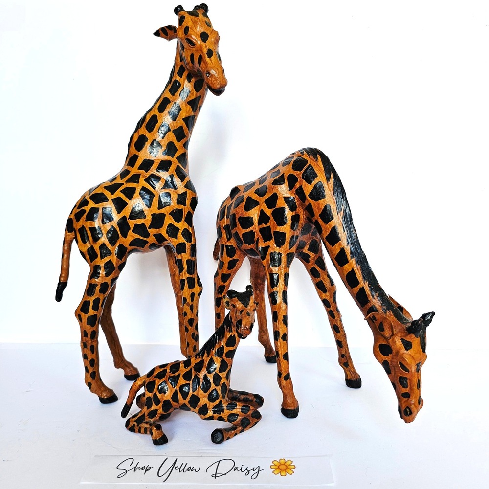 Lot of 3 Leather Wrapped Paper Mache Giraffe Family Mom Dad Baby Newborn - 1287